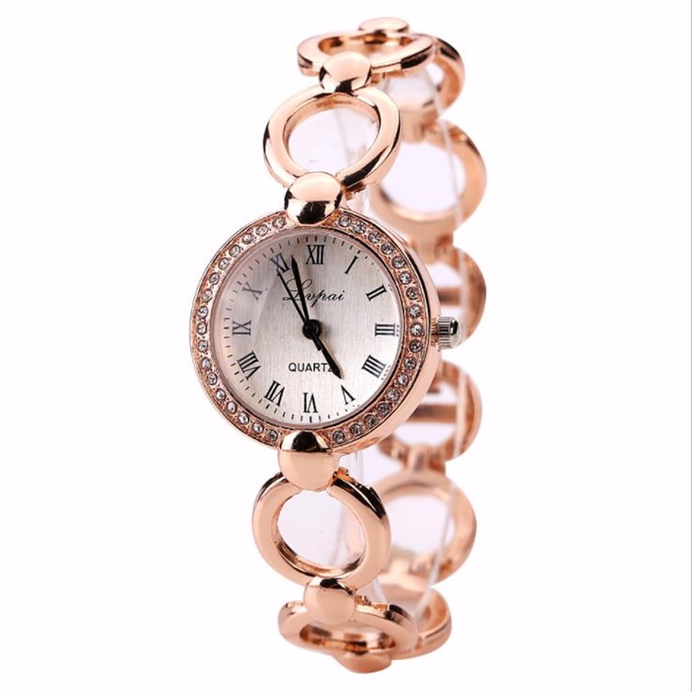 Rose Gold Wrist Watches Women Glitter Crystal Bracelet Watch White