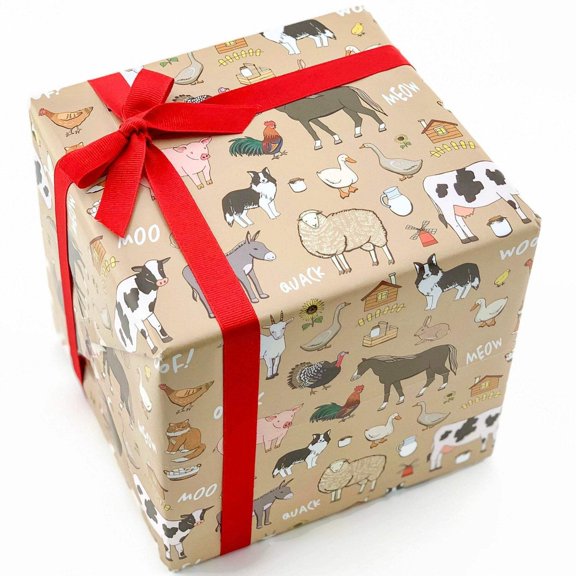 Farm Animals Gift Wrap, 3 Sheets, 30x20in, Horse Pig Rooster Sheep Cow Barn Duck Turkey Chicken Cat