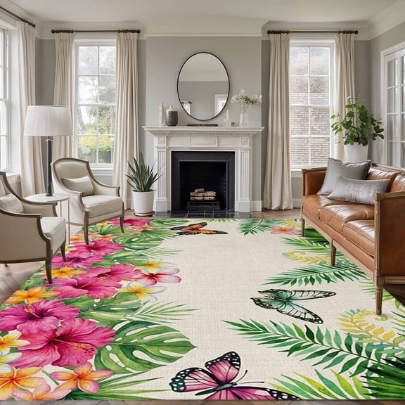 Tropical Spring Area Rugs 8'x10', Washable Small Throw Rugs for Living Room Patio, Floral Leaves Butterflies Burlap Rustic Indoor Outdoor Rug Non-Slip Low Pile Carpet Runner Reversible Floor Mats