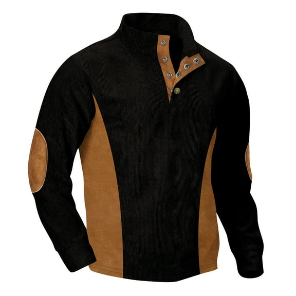Mens Henley Neck Corduroy Sweatshirt Long Sleeve Button Pullover for Men Casual Warm Fall Shirt with Elbow Patches Black XL
