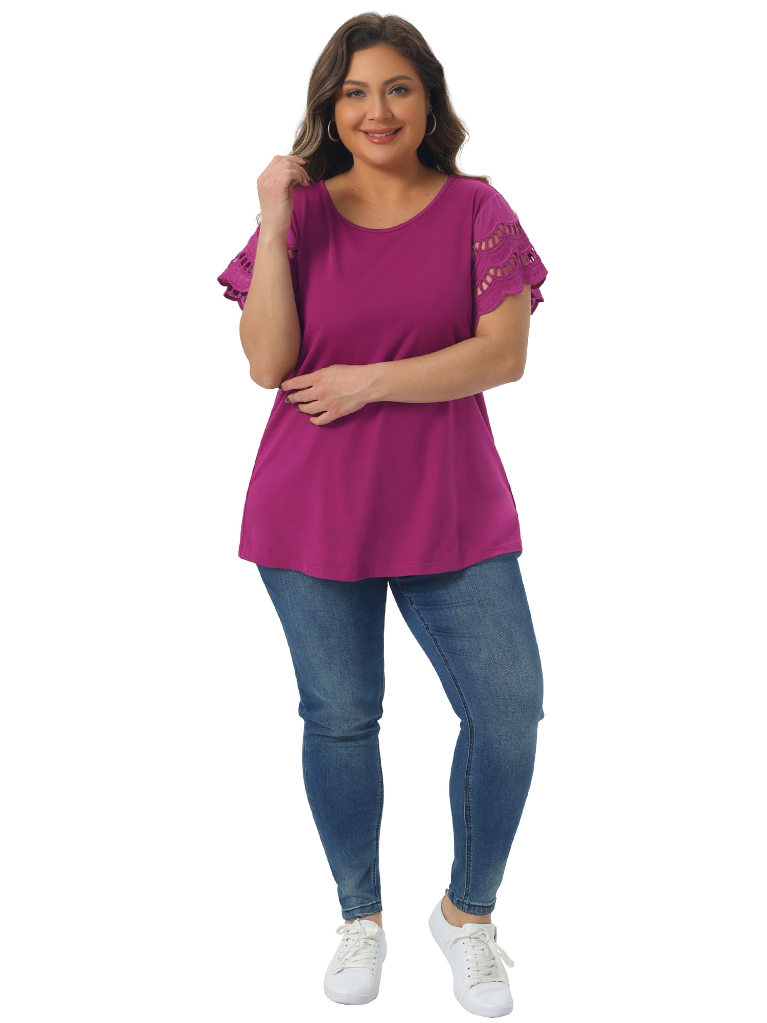 DARING DIVA Women's Plus Size Round Neck Lace Panel Blouses 1X Dark Purple