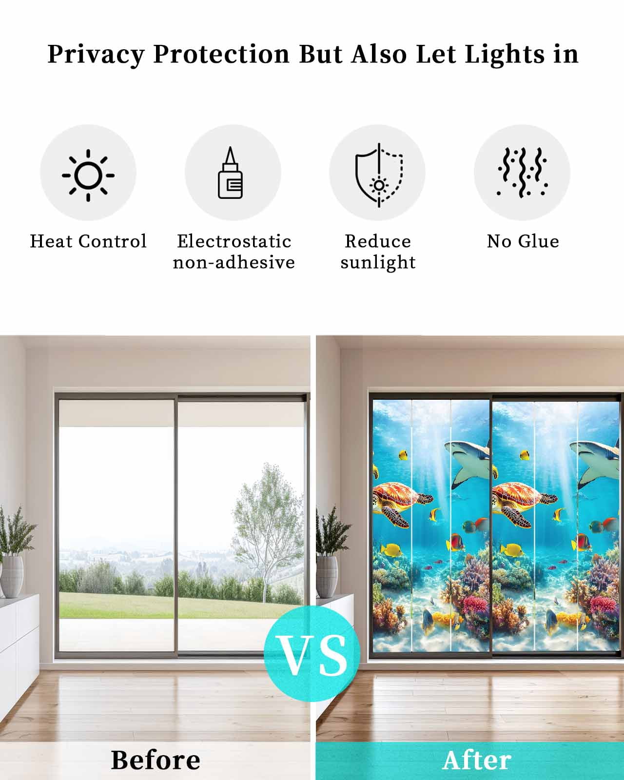 Window Privacy Film Turtle Stained Glass Window Film Decorative Sun Block Window Cover Shark Ocean Coral Underwater Scenery Sea Window Clings Static Adhesive Sticker for Bathroom 23.6"x59"
