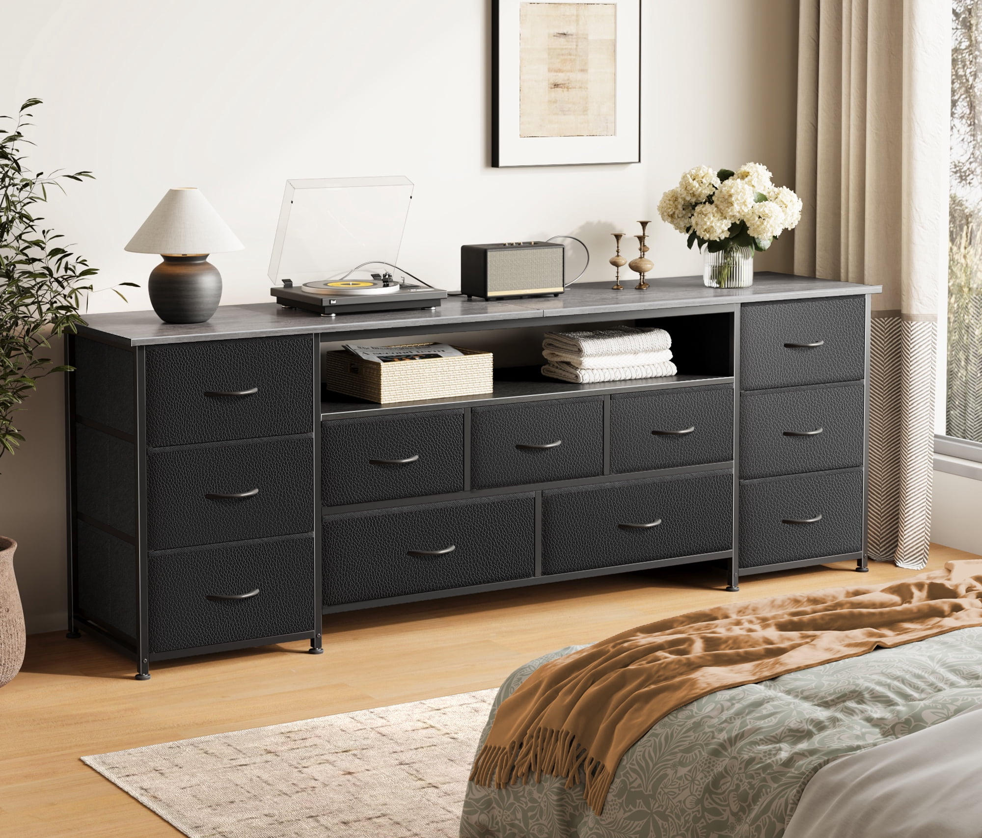 Amadwell Large TV Stand for 65, 70 Inch TVs, 11 Drawer Long Dresser with Power Outlets & LED Lights, 63 inch Entertainment Center