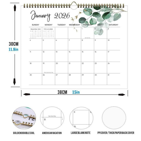 Zhourta Fresh Green Floral Wall Calendar January 2026 to June 2027 18 Month Planner with Note Space for Home Office