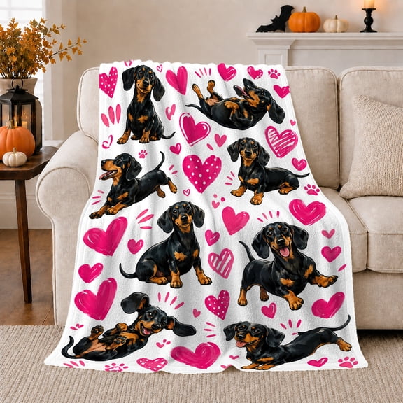 Playful Dachshund Dogs Hearts Cheerful Cartoon Pattern, Playful Pet Portrait Pattern, Warm Flannel Blanket for Living Room and Bedroom, Dog Lovers Just Because Gift, Pet Lover Home Decor