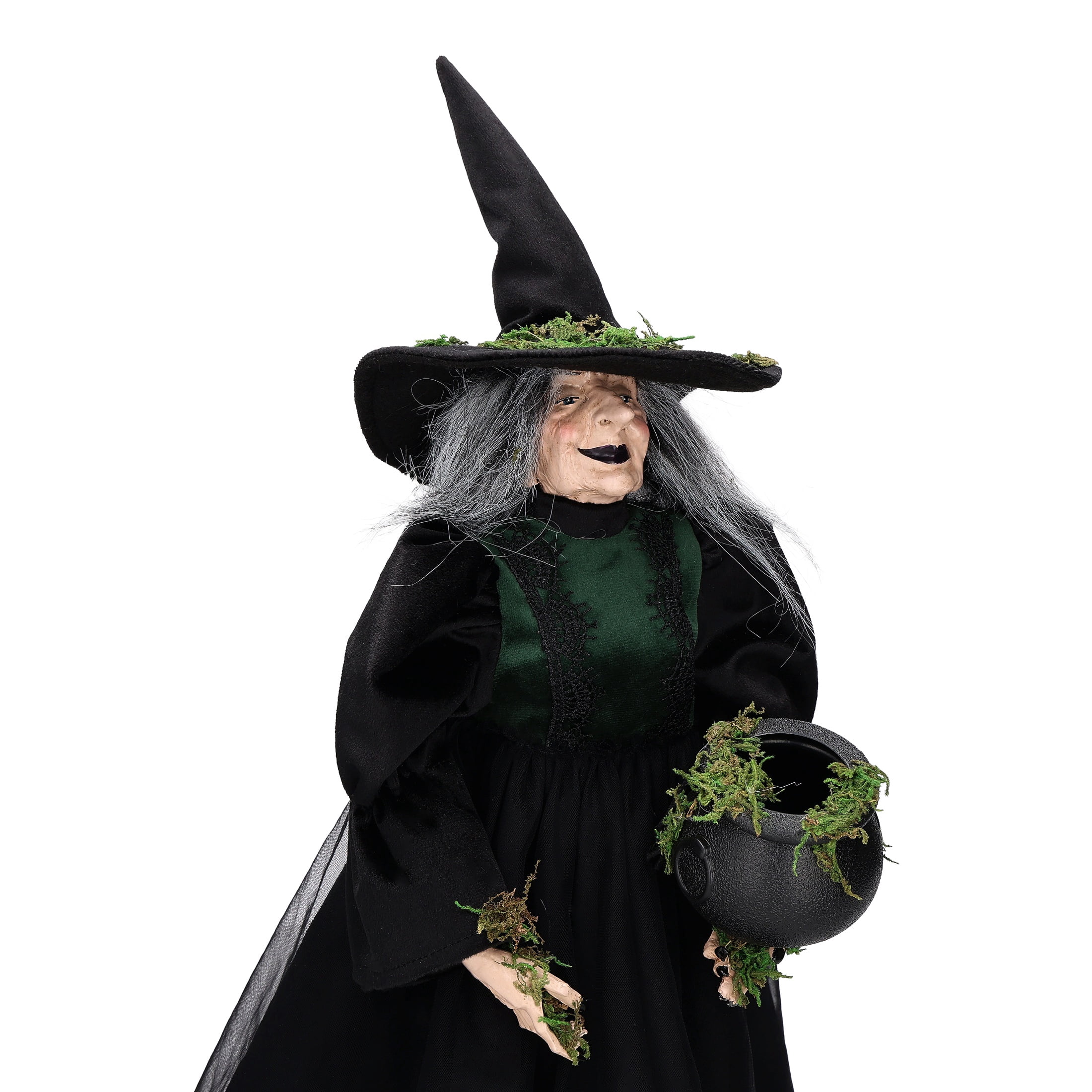 Fabric Witch Figurine with Moss Cauldron Decoration, Black, 17.6", Halloween by Way To Celebrate