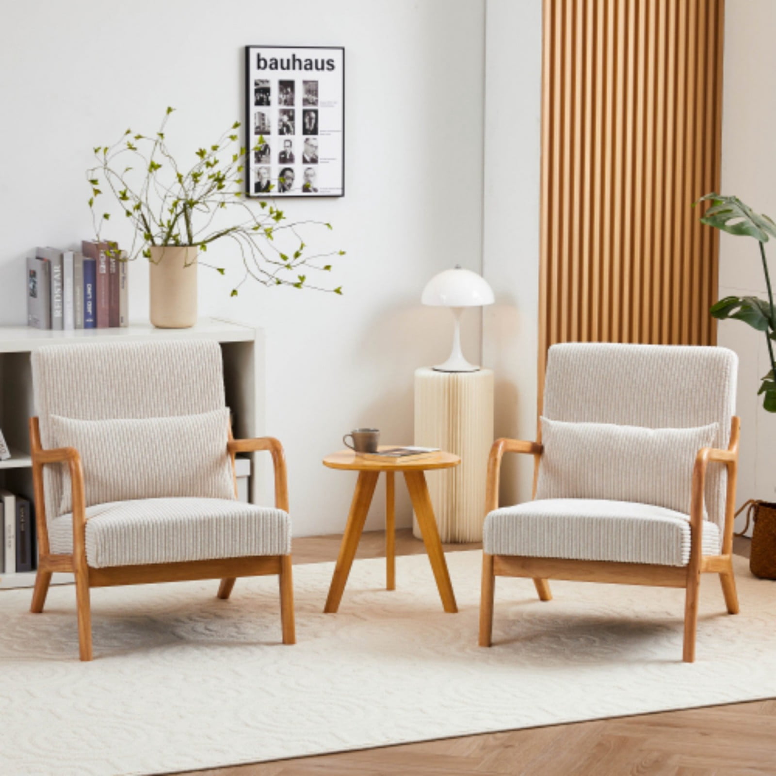 Mid-Century Modern Accent Chair, Upholstered Reading Arm Chair with Pillow, Solid Wood Frame Living Room Chair for Bedroom Balcony, Beige