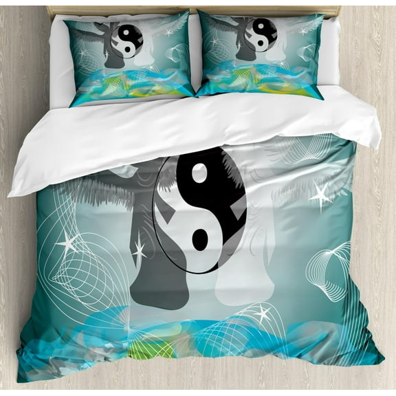 Yin Yang Duvet Cover Set Queen Size, Abstract Psychedelic Spiritual Background with Flying Angels around Yin Yang Motif, Decorative 3 Piece Bedding Set with 2 Pillow Shams, Multicolor, by Ambesonne