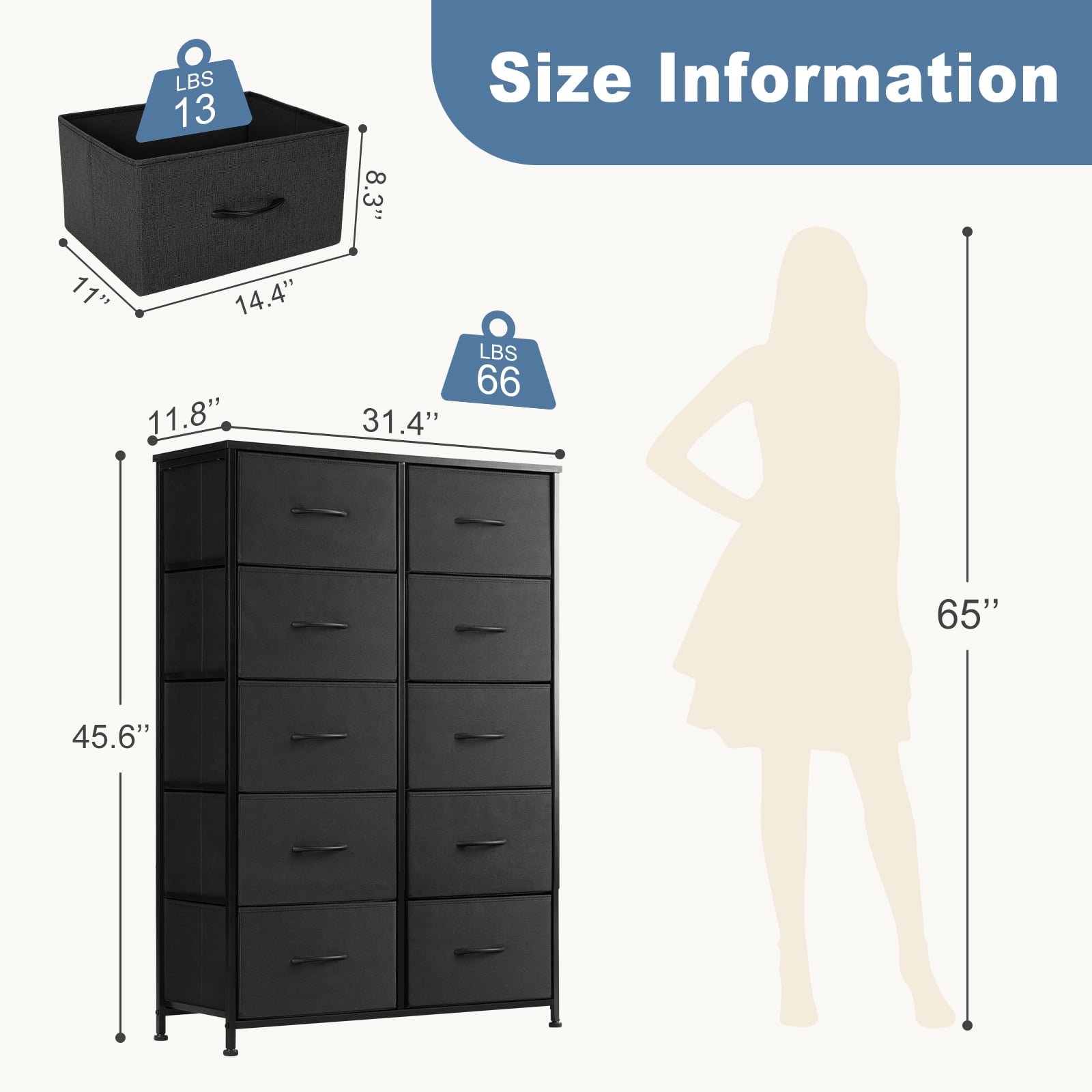 ACCVER 10-Drawer Fabric Dresser with Wood Top & Metal Frame, Closet and Chest for Bedroom, Clothes Storage Organizer, for Living Room, Apartment,Black