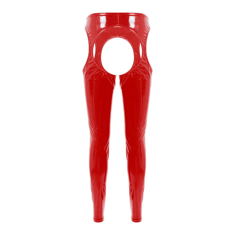 YONGHS Women's Patent Leather Hollowing Out Bottoms Leggings Long Assless  Chaps Pants Red XXL 