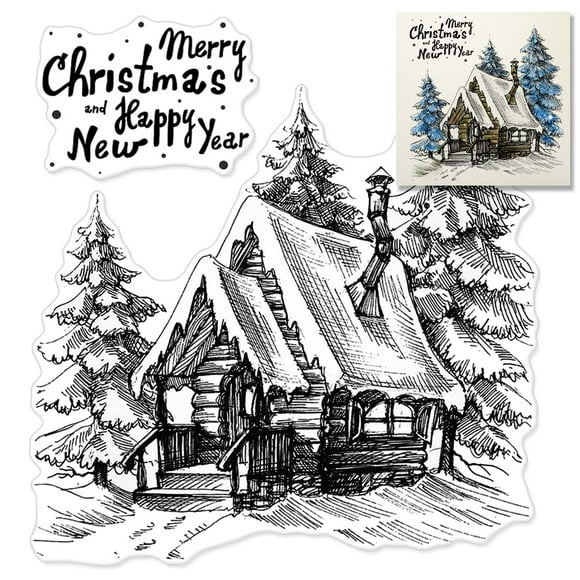 Christmas House Background Clear Stamps for Card Making Decorative Xmas Theme Blessing Words Transparent Silicone Stamps for DIY Scrapbooking Supplies Embossing Paper Card Album Decoration Craft