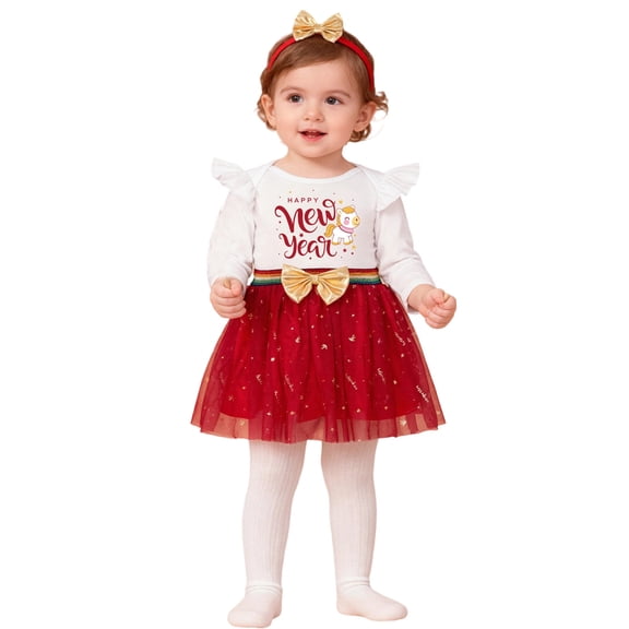 Tisuna Girls Fall Outfit Set Kids Elegant Long Sleeve Crew Neck Letter Print Romper And Skirt Headband Outfits Children'S 3 Pieces Happy New Year Clothing Set Size 1-3 Months