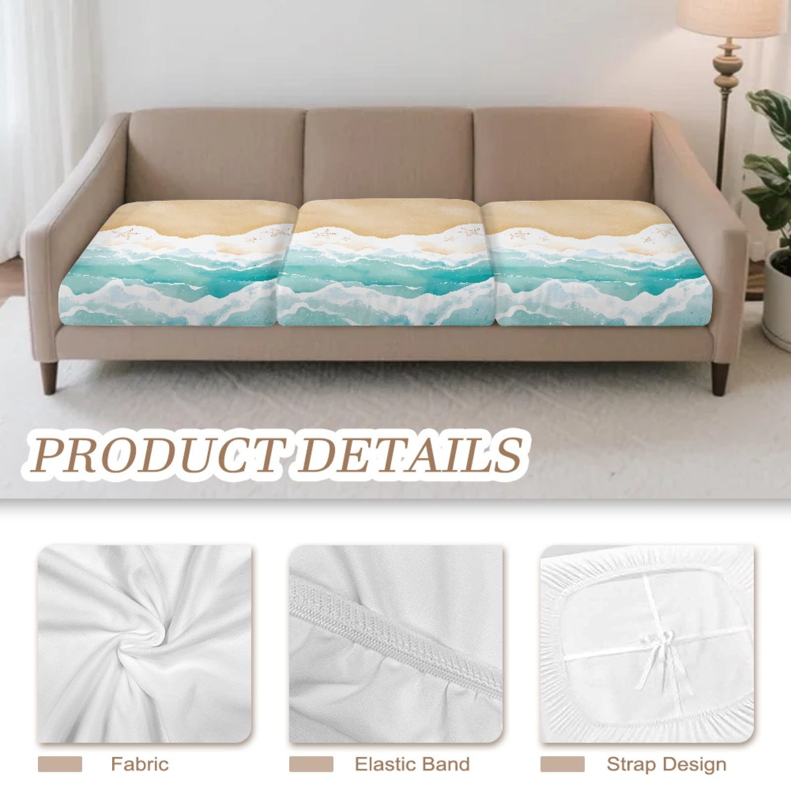 COEQINE 3 Pieces Sofa Slipcover Stretch Couch Cushion Protector Cover Individual Sofa Cover Replacement Furniture Protector for Living Room Home Decor, Beach Starfish
