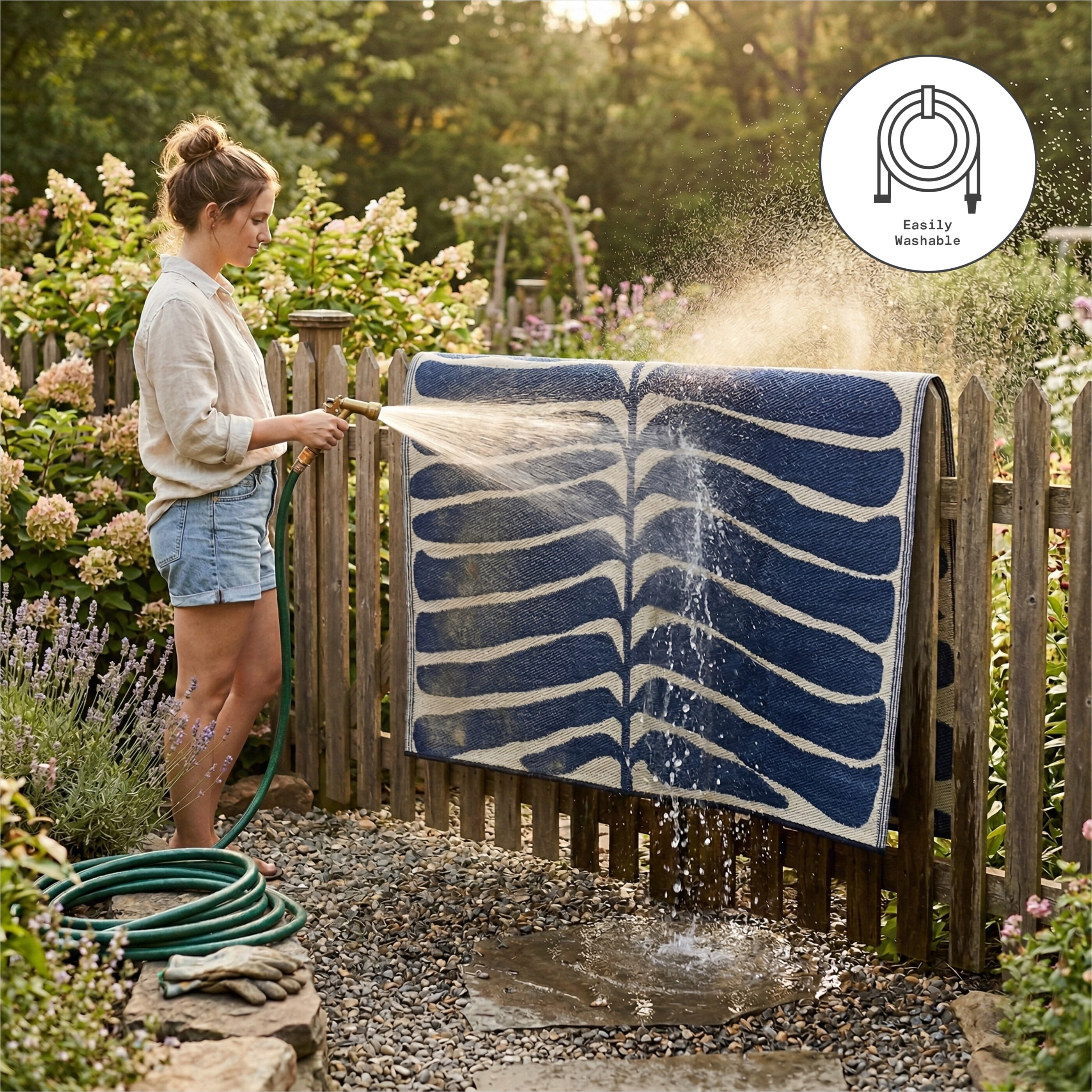Fab Habitat Tropical Botanical Floral Outdoor Rug - Waterproof, Crease-Free Fade Resistant, Reversible - Recycled Plastic - Patio Porch Balcony Deck Yard Garden - Hilo Navy - 5x8 ft