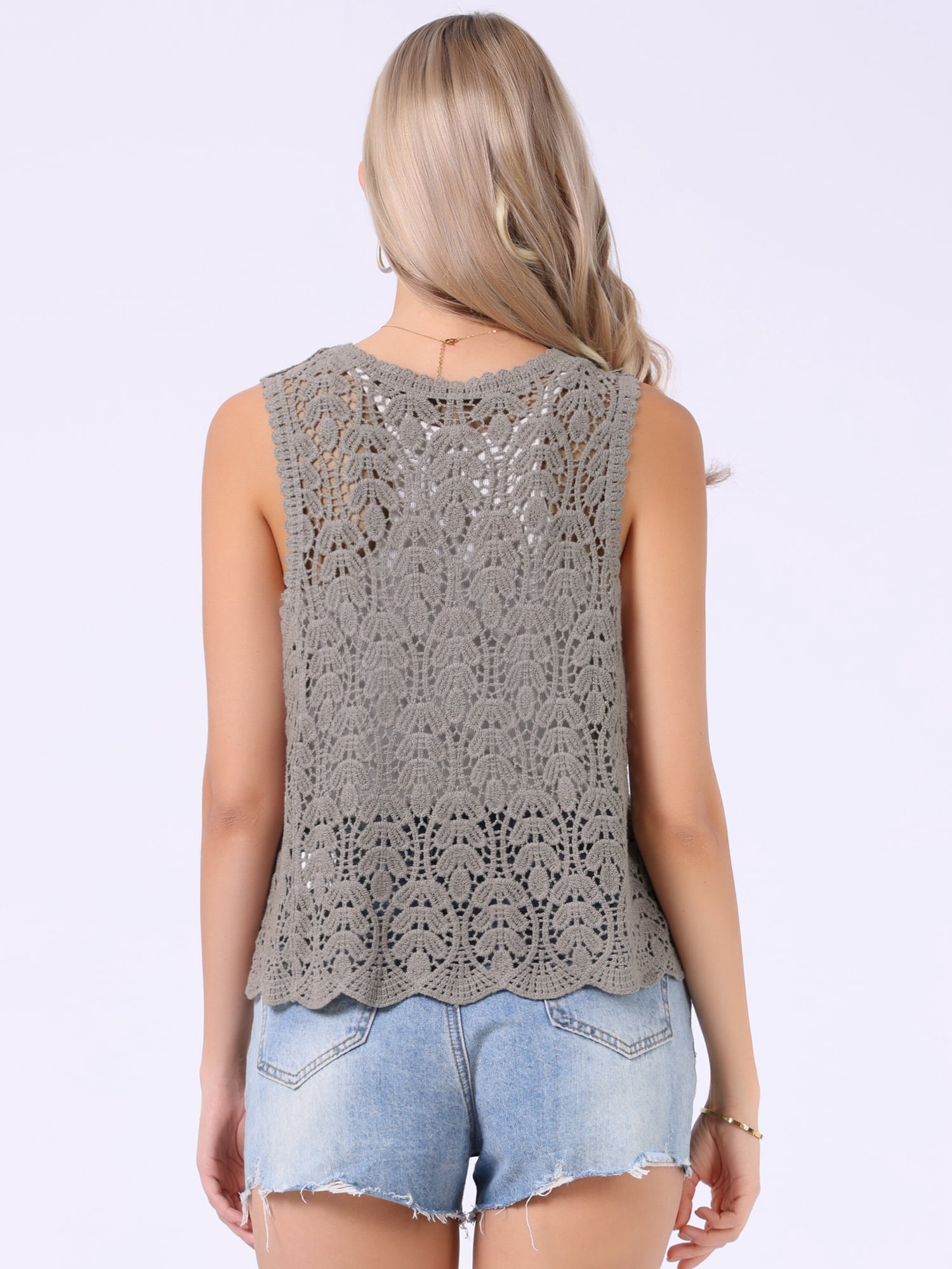DARING DIVA Women's Floral Crochet Hollow Out Open Front Vest M Light Grey