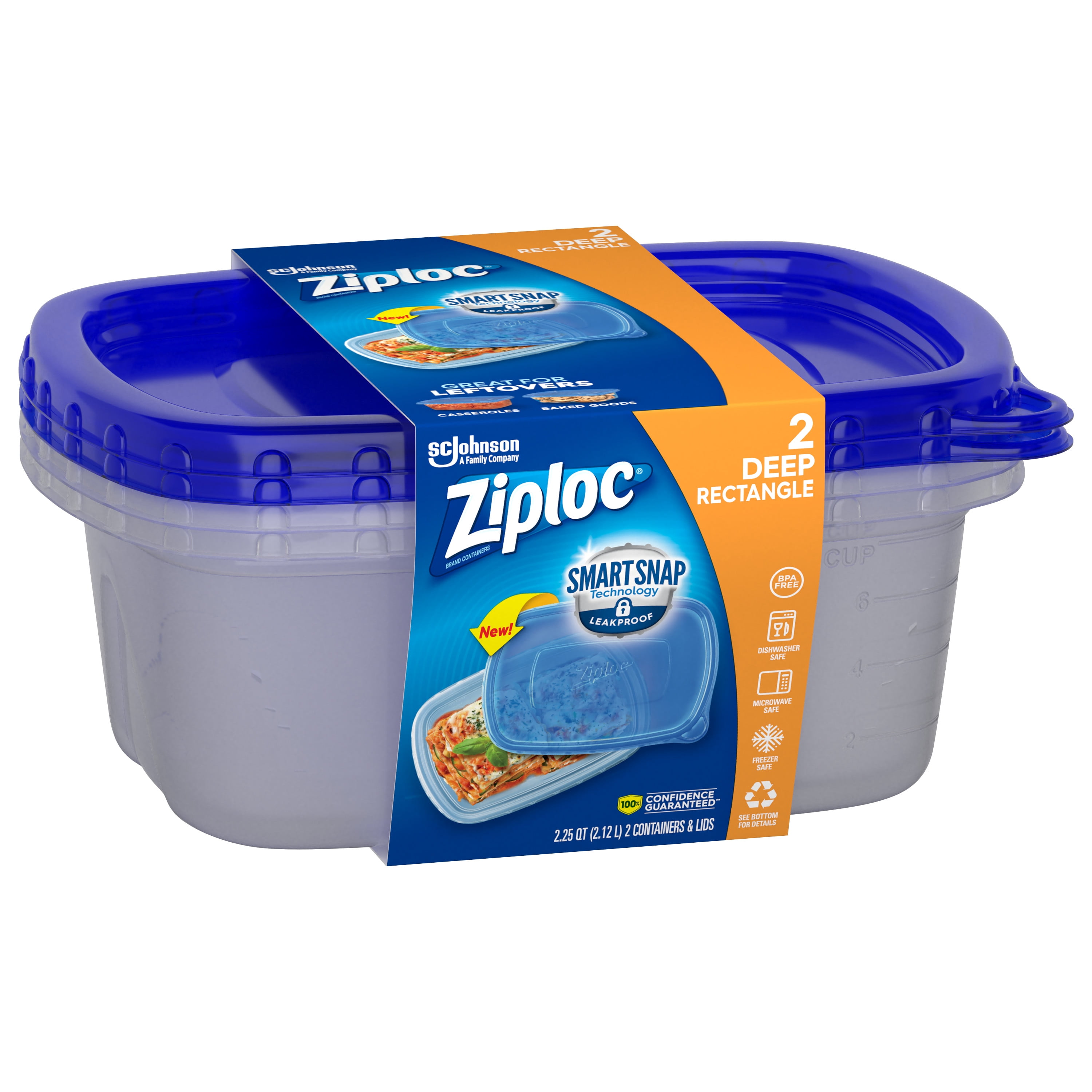 Ziploc Containers Boxes 2 Large Rectangle w// Lids One Press Seal 2.25 Qt 9 cups
