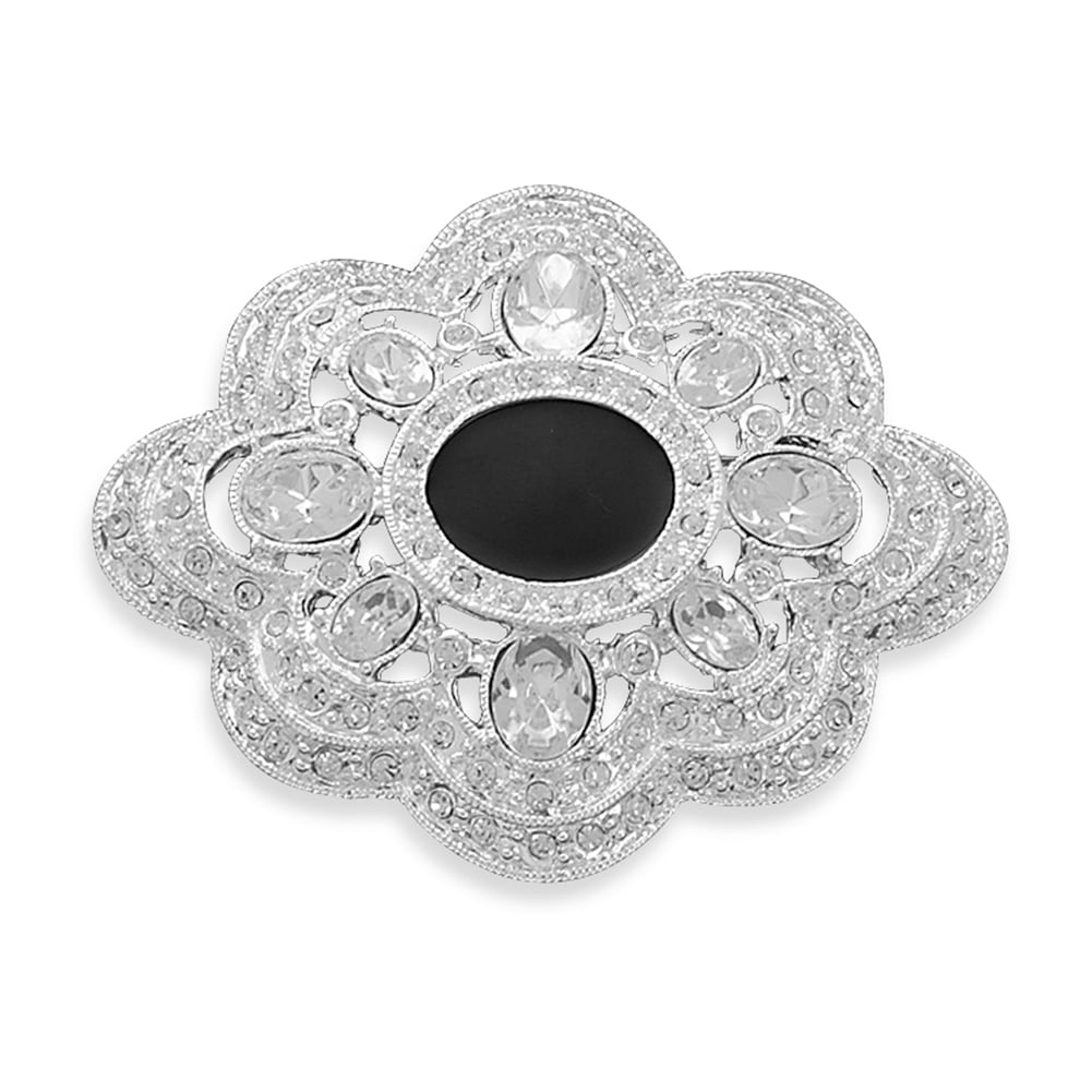 Vintage Chic Antique-look Pin Black Epoxy Silver-plated Accented with Crystals by unknown
