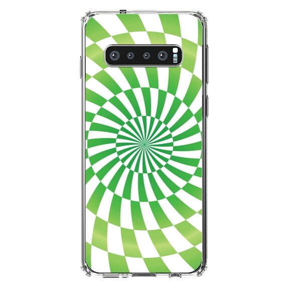 DistinctInk Clear Shockproof Hybrid Case for Samsung Galaxy S10 (6.1" Screen) - TPU Bumper, Acrylic Back, Tempered Glass Screen Protector - Green White Swirl Geometric