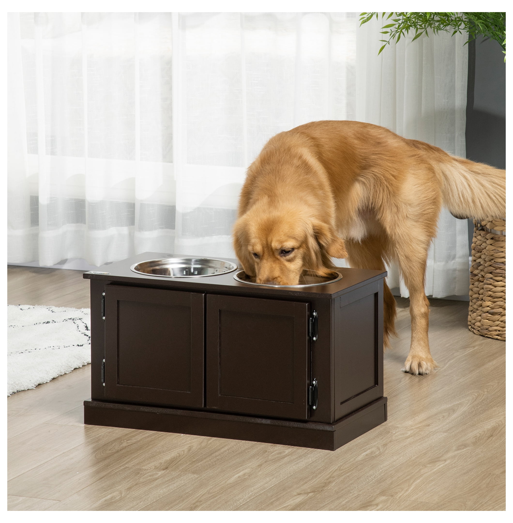 Elevated Dog Bowls for Large Dogs, Stainless Steel Pet Feeder with Storage - Coffee Finish