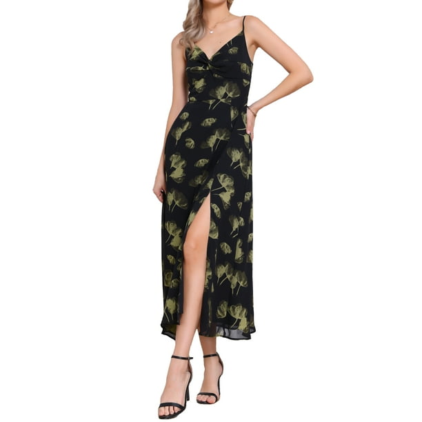 Vestido Maxi Elegante con Estampado Floral para Mujer, Nudo Frontal, Escote Corazón, Abertura, Talla XS, Verde