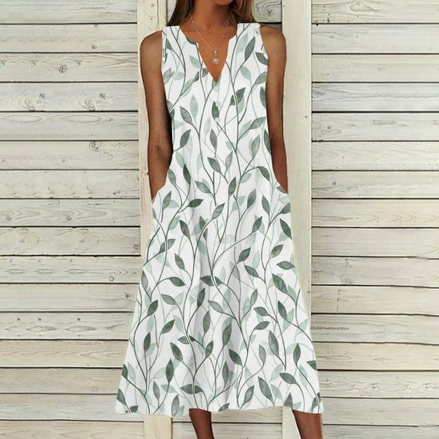 FcBaudy Camisole Sans Manches Col en V, Robes d'Été pour Femmes, Robes d'Été Décontractées Design Dégradé Sans Manches Col en V Longue Robe Femme