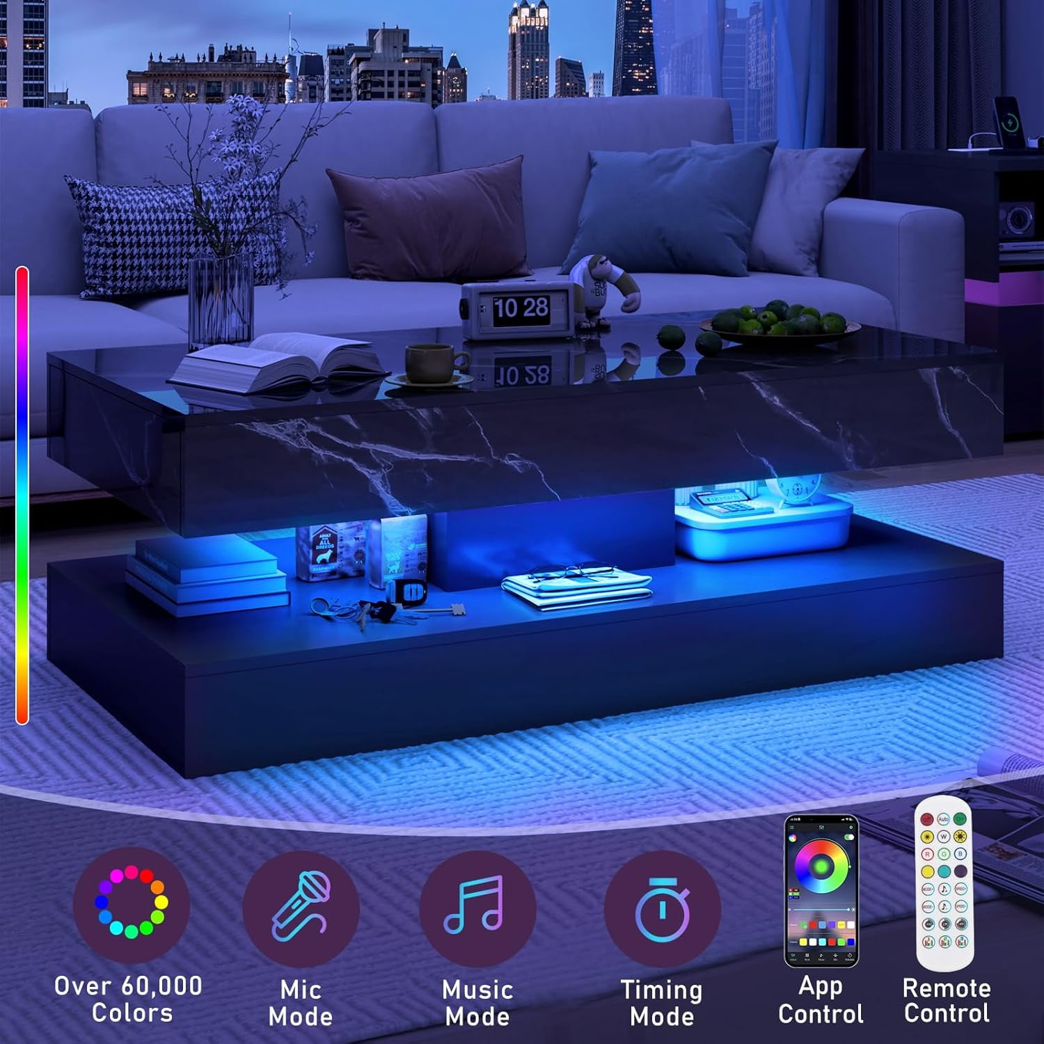 ChVans 39.37" Black LED Coffee Table with 2 Storage Drawers, Modern High Gloss Coffee Table w/20 Colors LED Lights/APP Control, 2 Tiers Rectangle Large Living Room Furniture w/Marbling Print