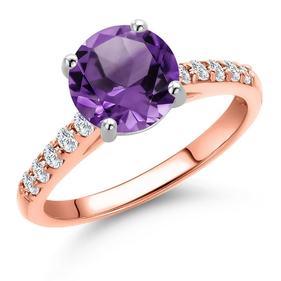 Gem Stone King 10K Two Tone Gold Purple Amethyst and Lab Grown Diamond Engagement Ring for Women | 1.90 Cttw | Round 8MM | Gemstone February Birthstone | Size 5