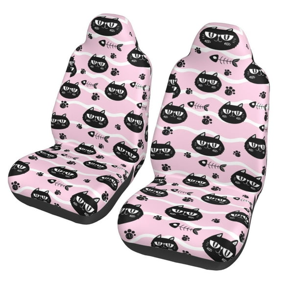 TEQUAN Front Seat Covers, Pet Cat Paw Fishbone Pink Pattern 2 Piece Car Seat Cover Fit Most Car SUV Truck Van