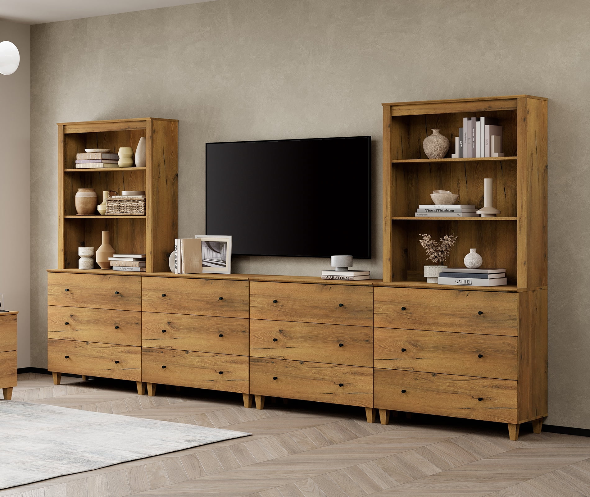 WAMPAT Entertainment Center for 75 Inches TVs with Bookshelves & Drawers, Oak Brown
