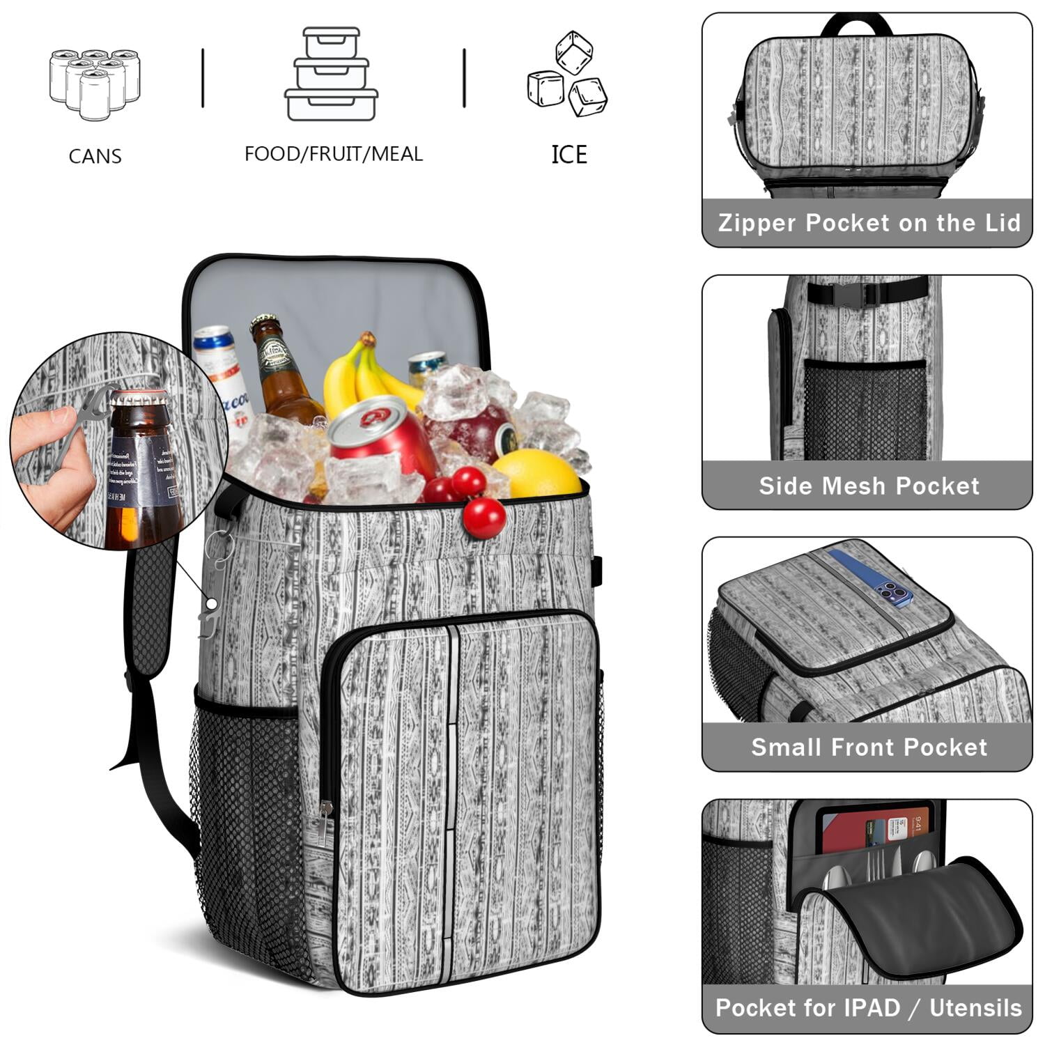 Travel Cooler Bag - Boho Bohemia Pioneer Flower Geometric Line Art Camping Beer Cooler Backpack with Bottle Opener- Waterproof Insulated Picnic Backpacks - Cooler Bag for Beach