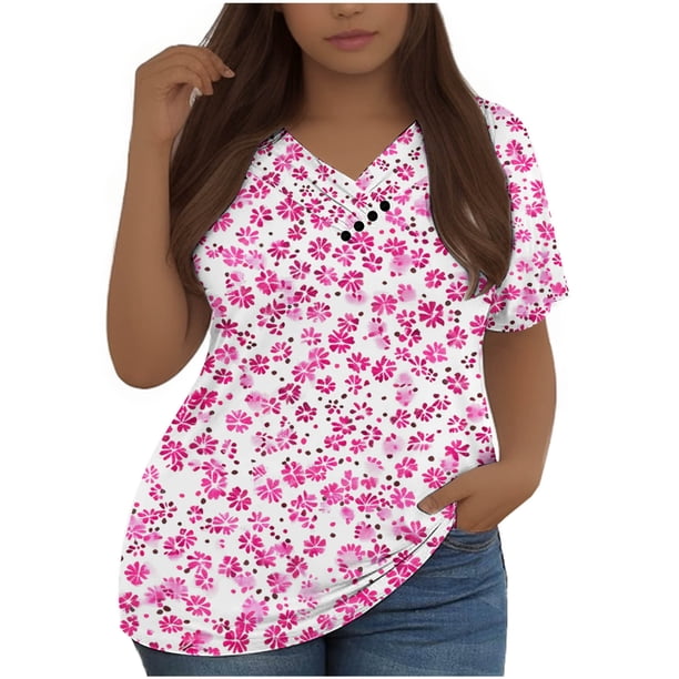 Mujeres Tops Casual Manga Corta V-Cuello Botón Decoración Plisado Blusa para Más Tamaño L-5xl