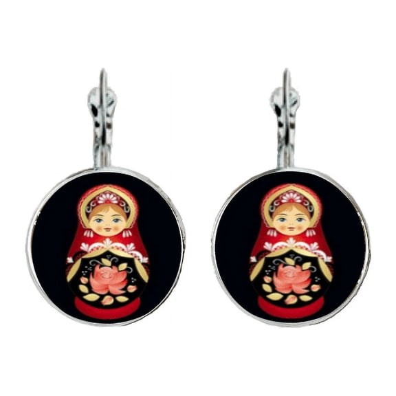 Beautiful Matryoshka Matreshka Cabochon Leverback Earrings Red on Black Undertone
