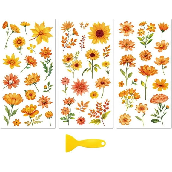 Rub on Transfer Decal Sticker for Furniture Craft Decor 6"x12" Autumn Orange Flowers 3Pcs Waterproof UV DTF Transfer for Drawer Dresser Glass Porcelain Wood Plastic