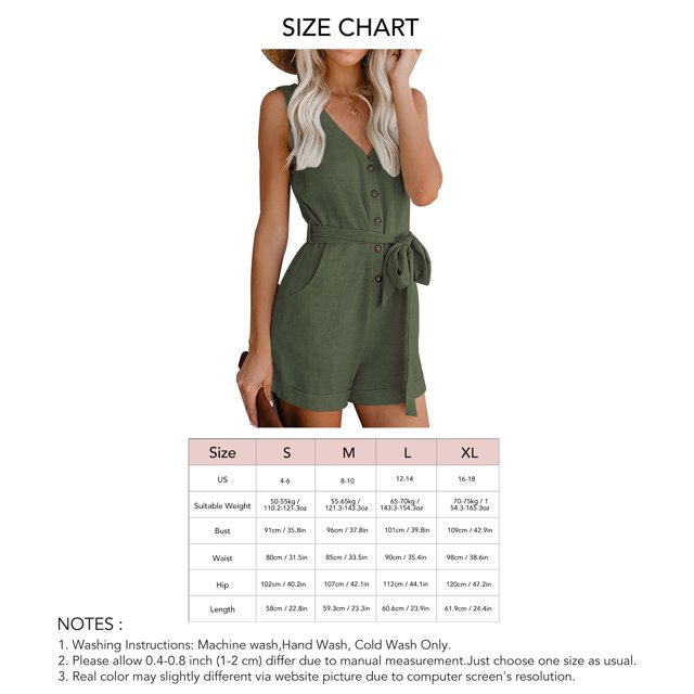 Short Women Summer Romper V Neck Waist Belted Button Front Sleeveless Pure Color Jumpsuits
