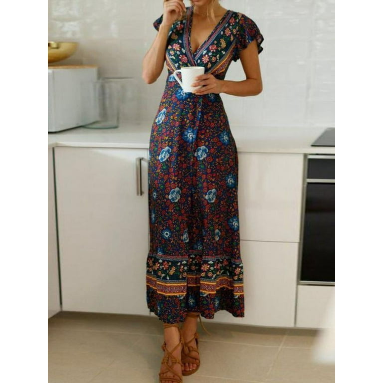 人気ブランド新作豊富 Wrap Printed Floral Bohemian Women's V Sleeve Short Neck Clothing