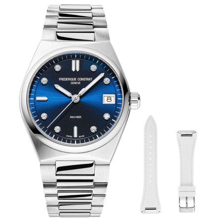 Frederique Constant Highlife Stainless Steel Blue Dial Diamonds Interchangeable White Rubber Strap Date Quartz Womens Watch FC-240ND2NH6B