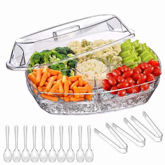 3‑Tier Chilled Serving Tray Set, Fruit Tray, Ice Tray with Lid, Clear Plastic Divided Food Platter with Ice Base, Lid, Tongs and Fork‑Spoon Utensils for Party, Picnic, Salad, Appetizer