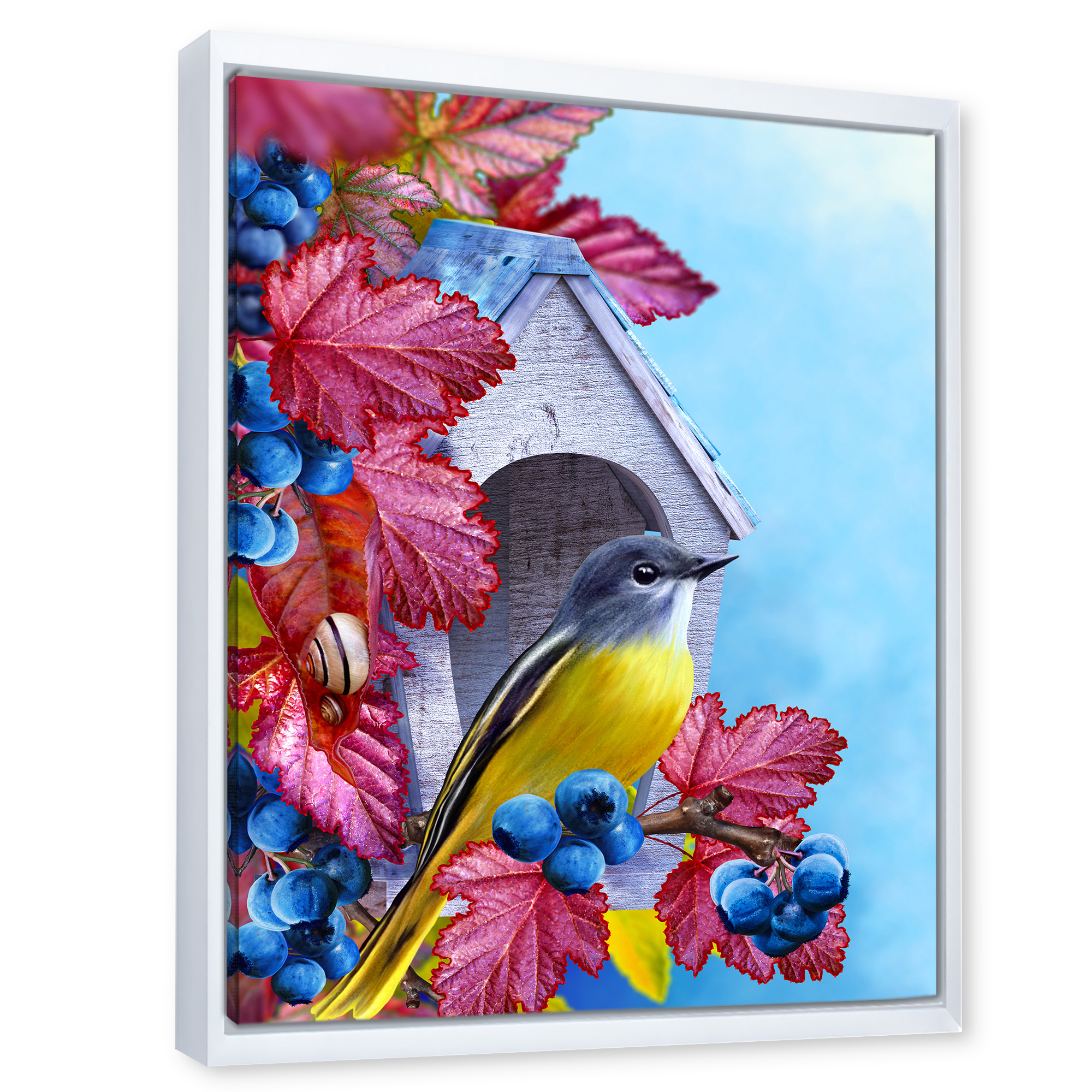 Designart 'Titmouse Bird Sitting On A Berries Branch Near A Birdhouse' Traditional Framed Canvas Wall Art Print