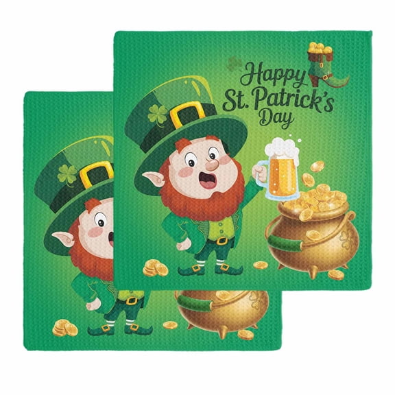 St. Patrick's Day Kitchen Dish Towels for Drying Dishes Set of 2, Funny Gnomes Beer Gold Coin Shamrock Green Waffle Weave Microfiber Hand Tea Bathroom Towels Quick Dry & Absorbent Towel 12x12