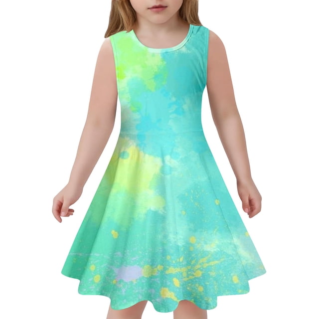 Robes de Printemps pour Filles, Robes Trapèze pour Fille, Robe Sans Manches Teinture sur Nœuds, Robe de Princesse pour Fille, Tout-Petit