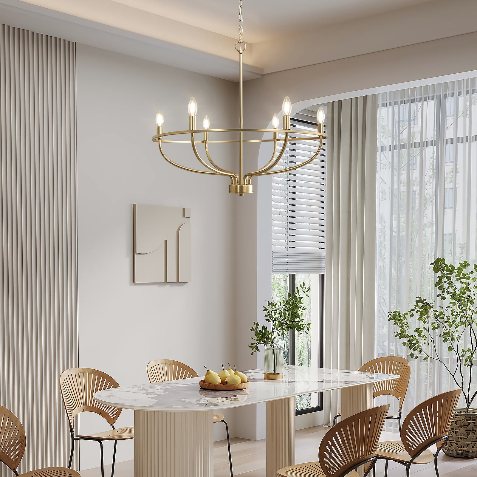 6 Light Gold Chandelier, Brushed Gold Light Fixture Dining Table Candle Brass Chandelier Lighting for Bedroom Hallway Entryway Living Room Kitchen 29in Brushed Brass Chandeliers