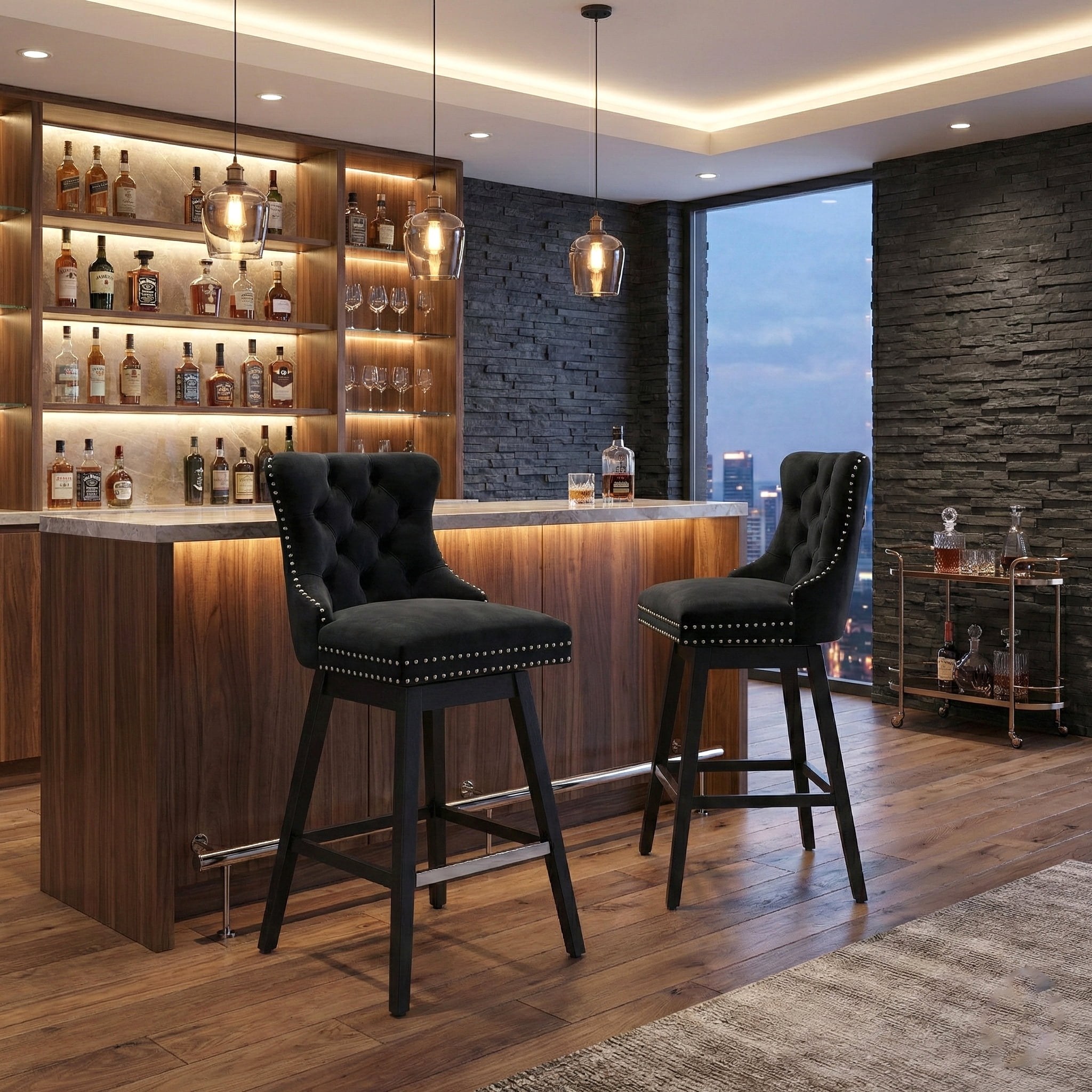 TEWLOSS 30" Swivel Bar Stools Set of 2, Black Velvet Bar Height Chairs with Back for Home Pub