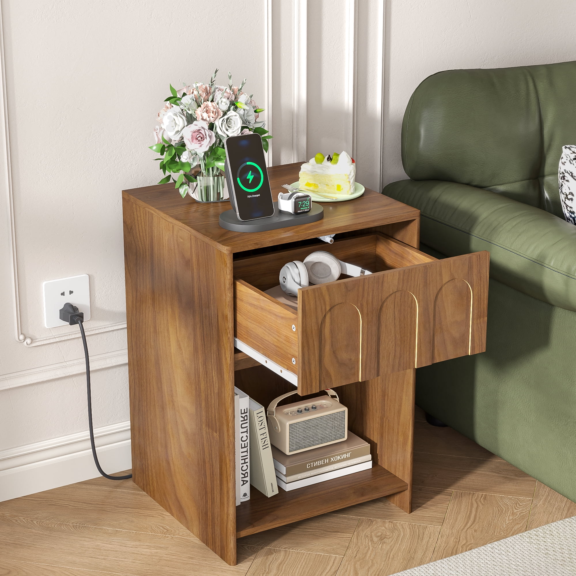 Nightstand Set of 2 with Drawer Storage, Mid-Century End Tables Side Tables for Bedroom, Living Room, Walnut