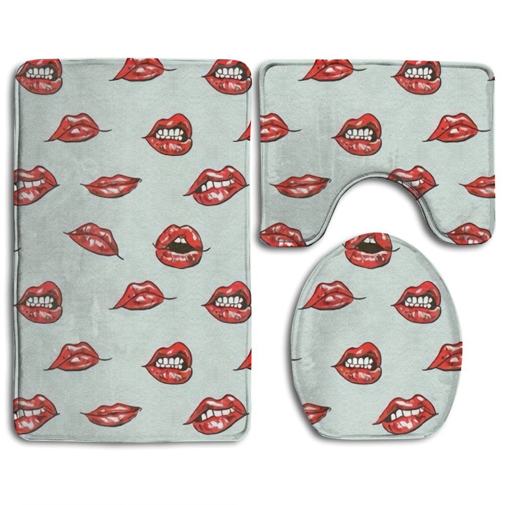 GOHAO Red Lips 3 Piece Bathroom Rugs Set Bath Rug Contour Mat and