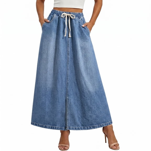 ZHOGXU Modern Denim Midi Skirts For Women Solid Color High Elastic Waist A Line With Pocket Party Club Wear
