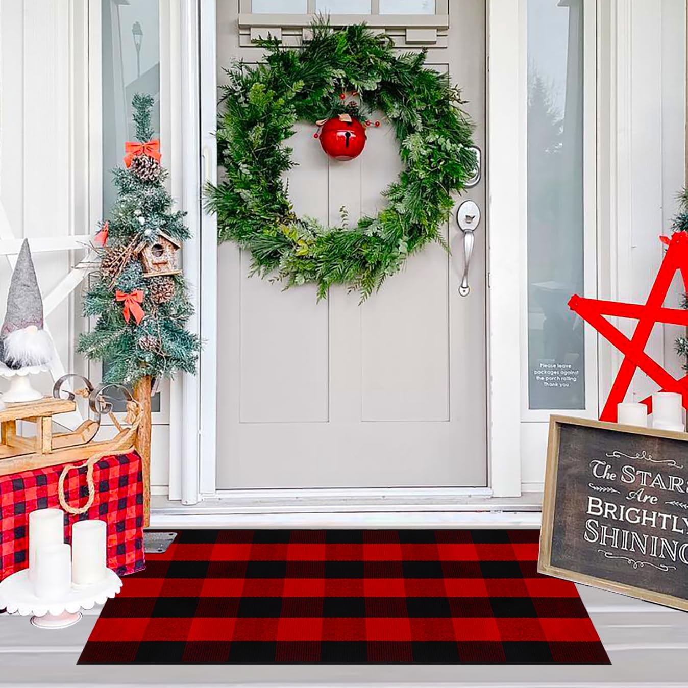 OMA Red Green and White Plaid Rug, 28" x 43" Christmas Front Porch Outdoor Rug, Handwoven Cotton Washable Rug for Layered Door Mats, Holiday Entryway and Home Décor
