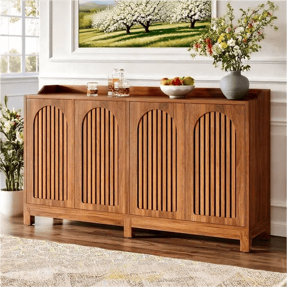 Fnova 57" Farmhouse Cabinet, Sideboard with Grille-Striped Doors & Raised Countertop, Adjustable Shelves, Inner Rebound Mechanism, for Kitchen/Living Room/Study/Home Office, Easy Assembly