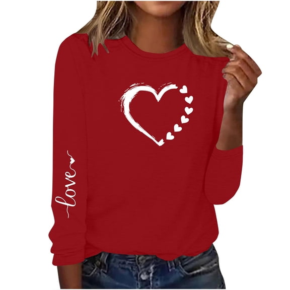 mihongmao Valentine Tops Women's Long-Sleeved Round Neck Pullover Casual Printed Fashion Top T-Shirt Red M