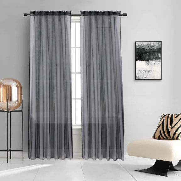 2pc Black Solid Sheer Voile Window Curtain Set Two (2) Rod Pocket Panels 55"W x 84"L (Each)