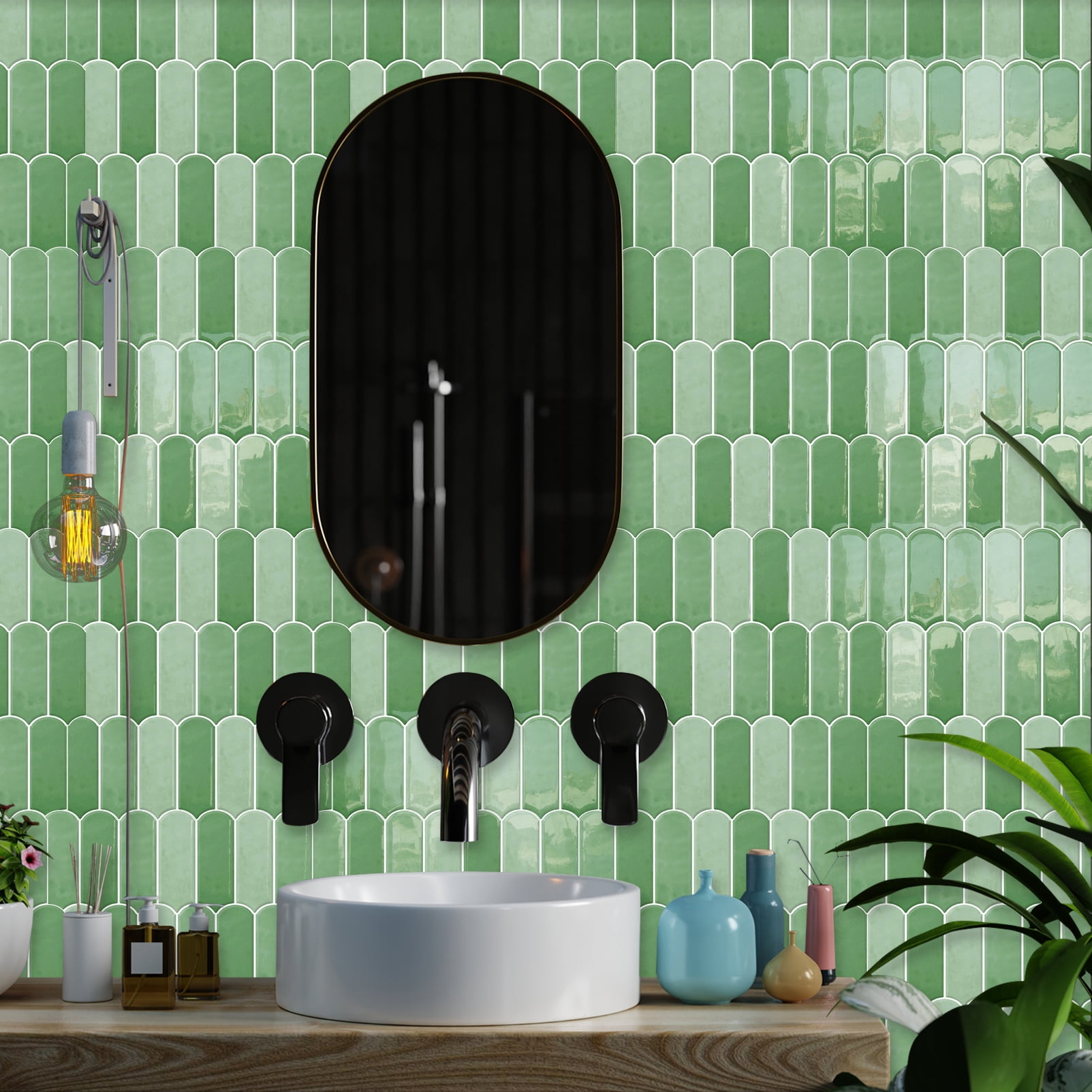 DEWOO 10-Sheet Upgraded Thicker Peel and Stick Kitchen Backsplash Tiles,Waterproof Self-Adhesive Vinyl Wall Tile Fish Scale Mosaic Design,for Bathroom,Fireplace and RV(Light Green,12"×12")